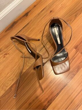 Zara Tan Lace-Up Square-Toe Stiletto Heels